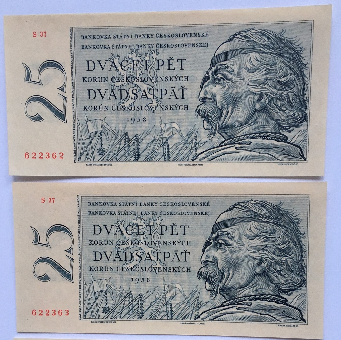 25 Kčs 1958 série S37 , UNC , Dvojice sousedních čísel , prodáno