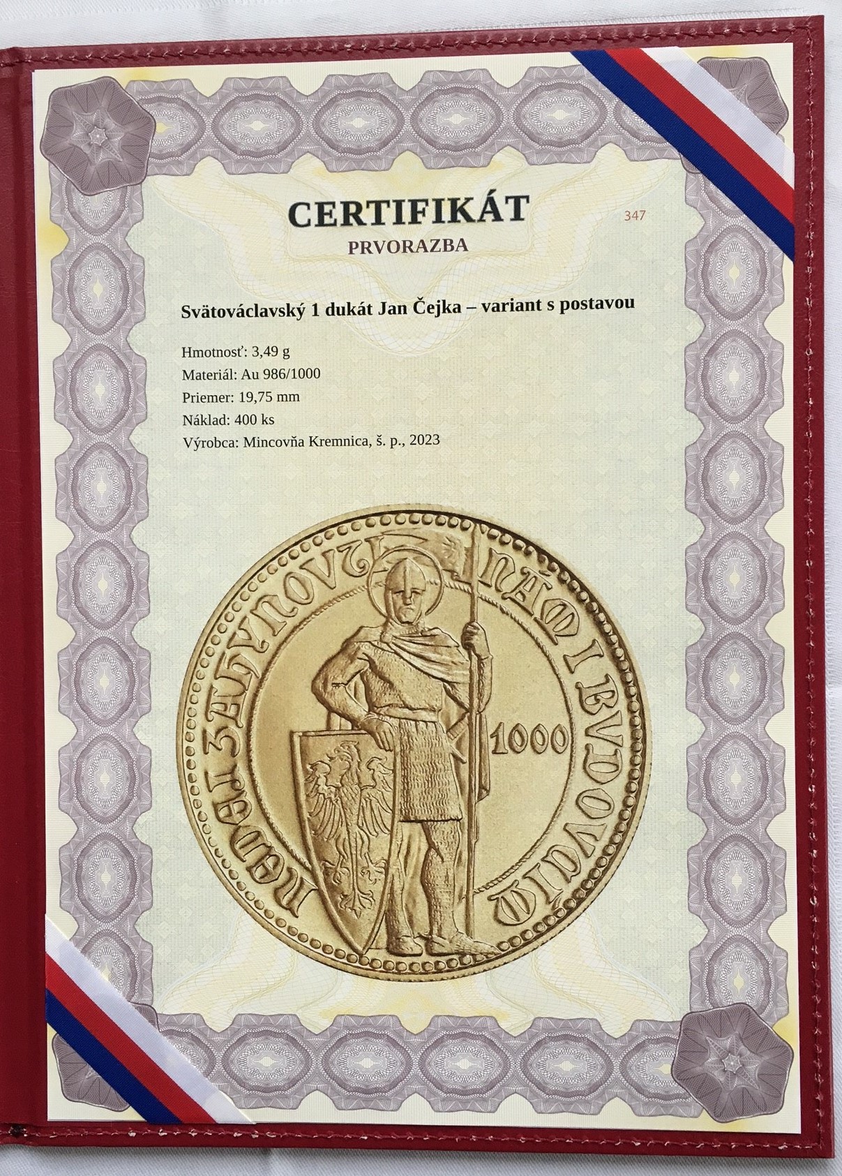 Dukát svatý Václav - návrh Jana Čejky , varianta s postavou , emise 2023, Mincovna Kremnica , číslováno - Prodáno