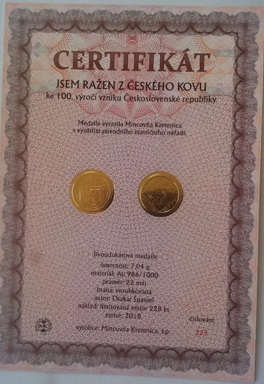Dvojdukát -Jsem ražen z českého kovu  2018 - 100. výročí vzniku ČSR  , jen 228 ks , č. 137 , Vzácné - Prodáno 