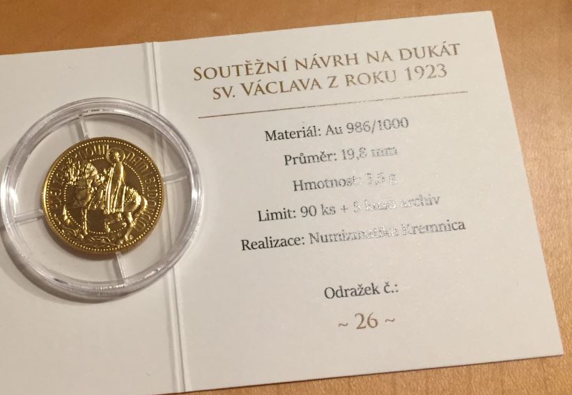 Dukát svatý Václav - návrh dle A.Máry , 90 ks , číslováno , emise 2020