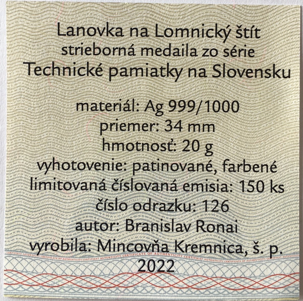 Lanovka na Lomnický štít - technické památky na Slovensku - emise březen 2022 , Novinka , jen 150 kusů , číslováno  - Prodáno