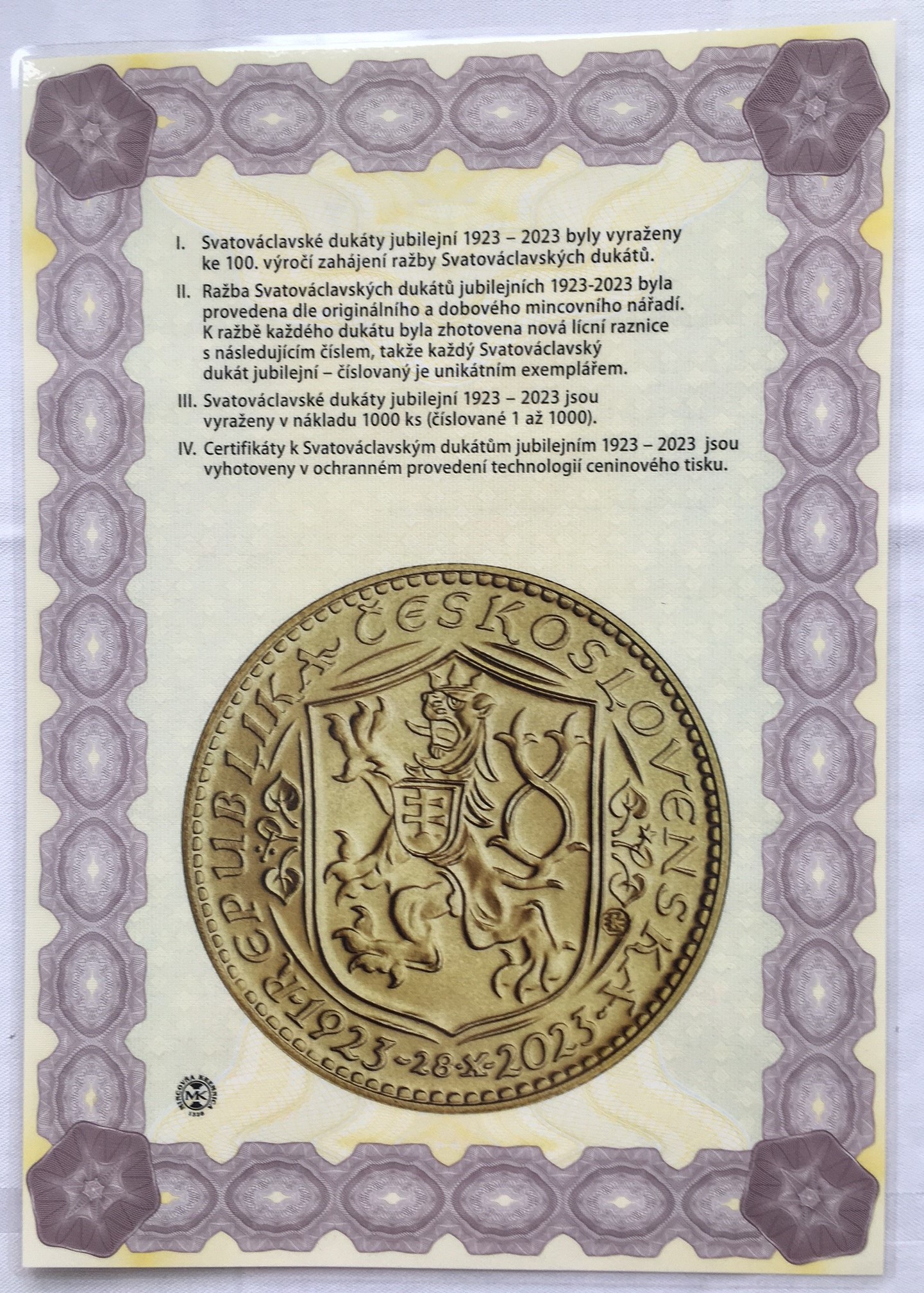 Svatováclavský dukát jubilejní 1923 - 2023 , číslovaný , č. 596 , PRODÁNO