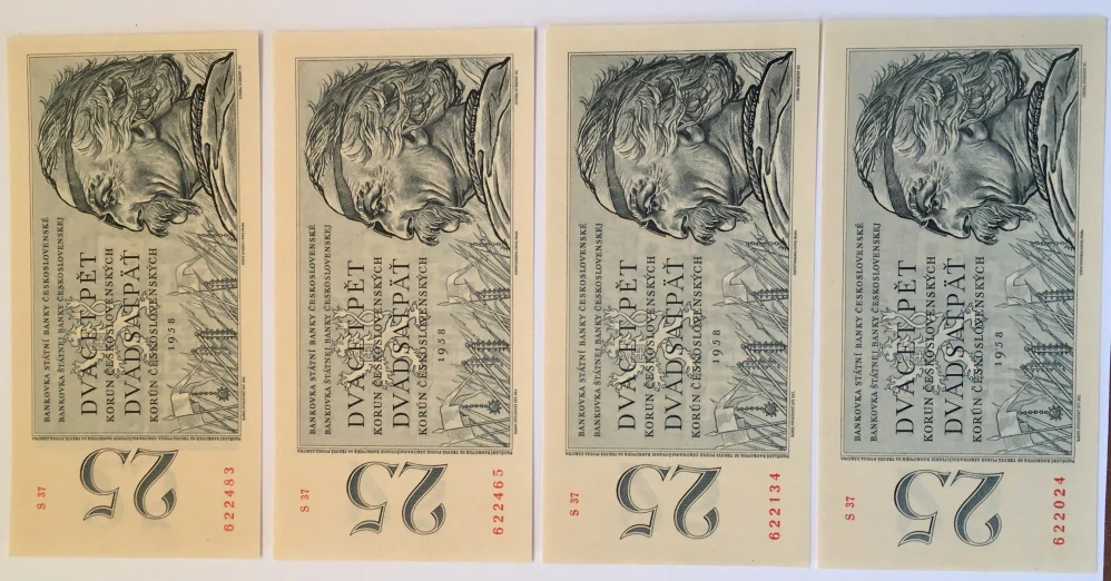 25 Kčs 1958  série S37 622134 ,   UNC 