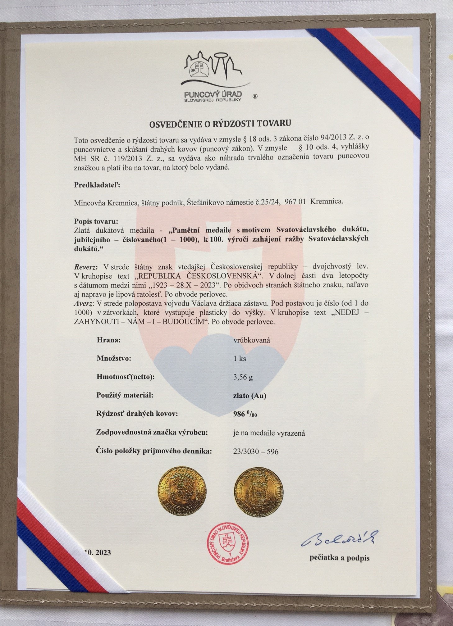 Svatováclavský dukát jubilejní 1923 - 2023 , číslovaný , č. 596 , PRODÁNO