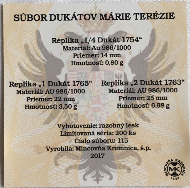 Dukáty Marie Terezie - repliky - emise 2017 , 300.výročí narození , Kremnica - VZÁCNÉ - prodáno
