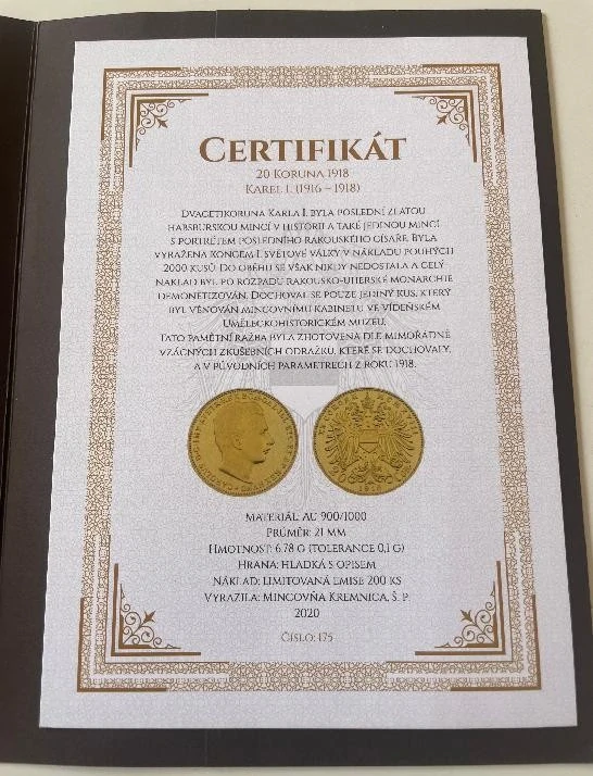 20 koruna 1918 - císař Karel I. - novoražba