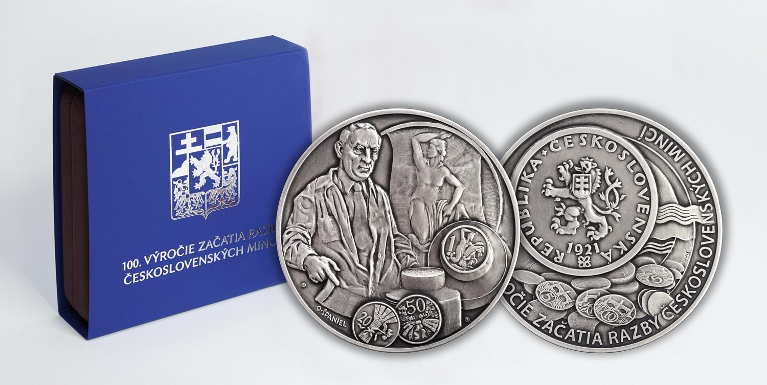Začátek ražby československých mincí ,stříbrná ,145 gramů ,60 mm , jen 200 ks , číslováno , 100.výročí , PRODÁNO